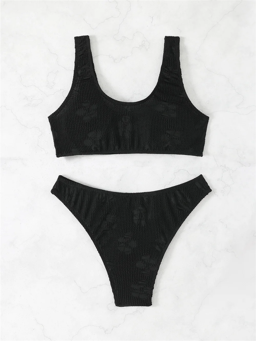 Sexy Zwarte Jacquard Bikini Sets Geribbeld Tankini Badpak Push Up Bikini Thong Vakantie Badmode Vrouwen Strand Outfit Badpakken