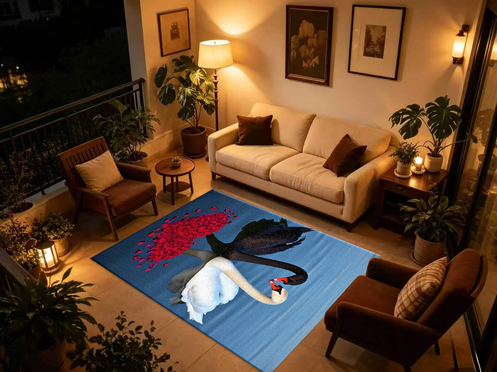Black White Swan Romantic Art Carpet Flooring, Creative Animal Pattern Non-Slip Area Rug for Living Room Bedroom Home Floor Mat