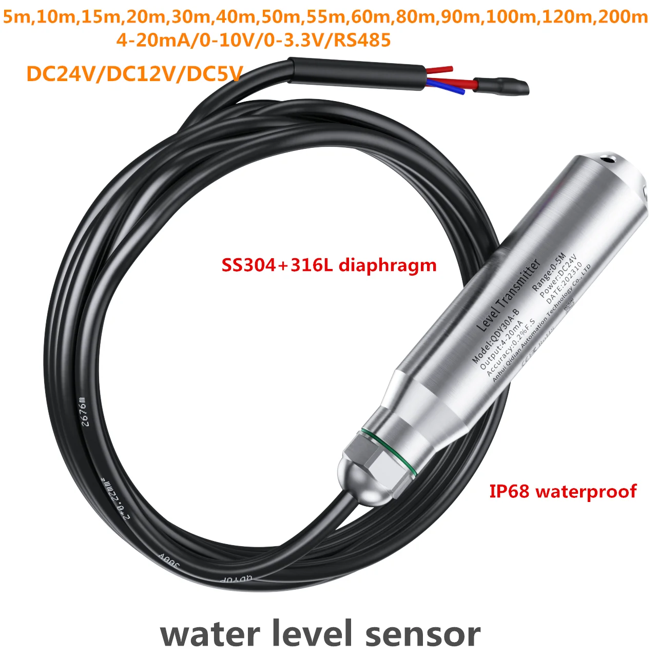 

Submersible level sensor 4-20mA 0-10v Output Hydrostatic Level Transmitter 5m 20m 50m Water Tank Liquids Transducer ss304