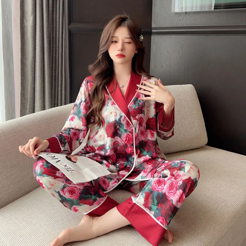 Ice Silk Pajamas Spring Autumn Women Artificial Silk Large Size V-neck Sleepwear Female Casual Long Sleeve HomwearTwo-Piece Suit