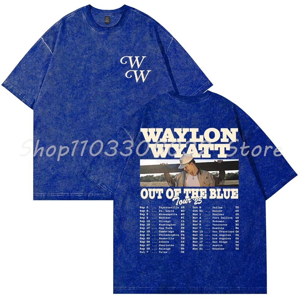 تي شيرت Waylon Wyatt Out of the Blue Tour 2025 Merch تي شيرت قطني مغسول تي شيرت للنساء والرجال بأكمام قصيرة تي شيرت بياقة دائرية
