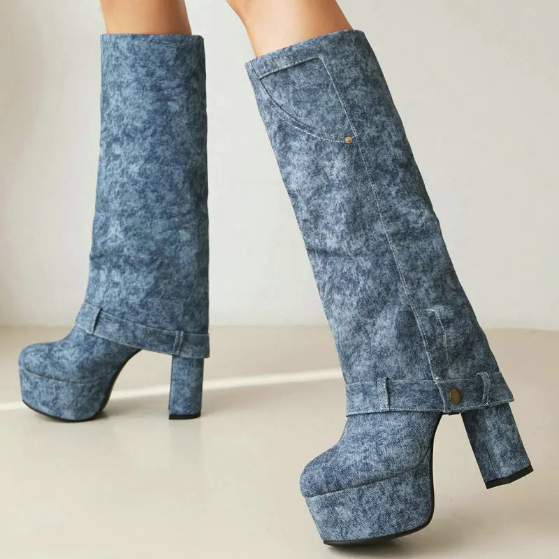 Chaussures à plateforme en denim pour femmes, bottes western, talons hauts, tube droit, bleu, nuit chaude, hiver, document, marque de luxe