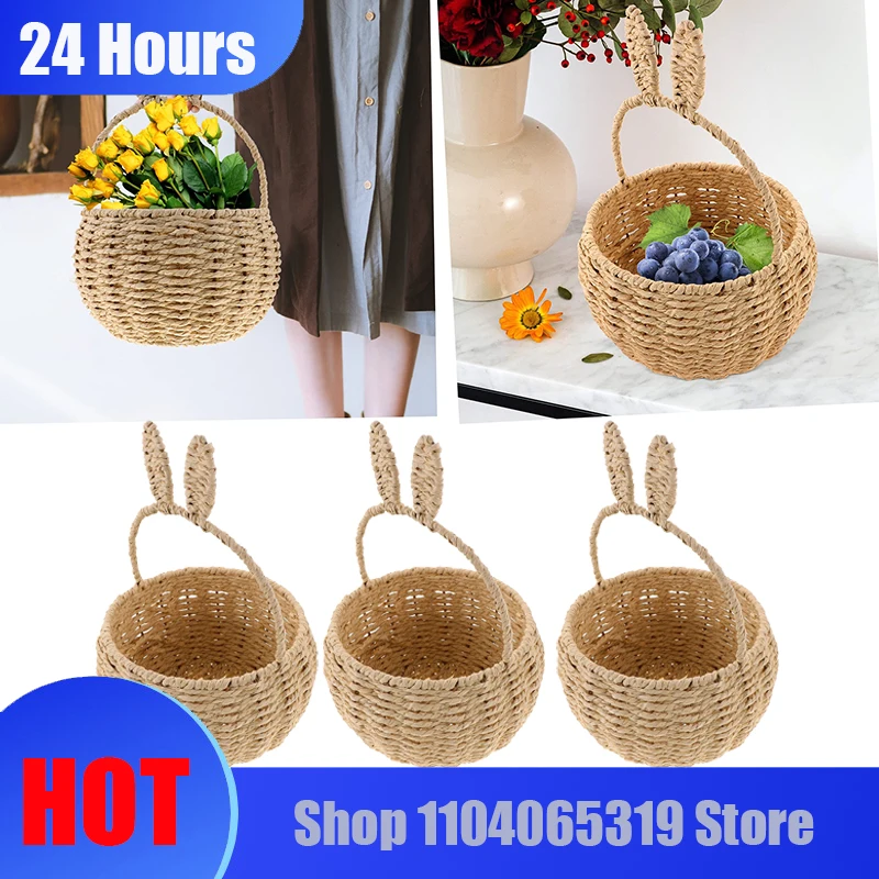 

Bunny Rattan Woven Basket Rabbit Ear Storage box Paper String Handwoven Easter Party Candies Basket Rabbit Picnic home room deco