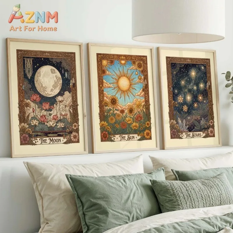 1/3pcs Lotus Sun Moon Star Tarot Canvas Prints Poster Boho Botanical Crescent Art Prints Home Decor Art Poster Ramadan Gifts