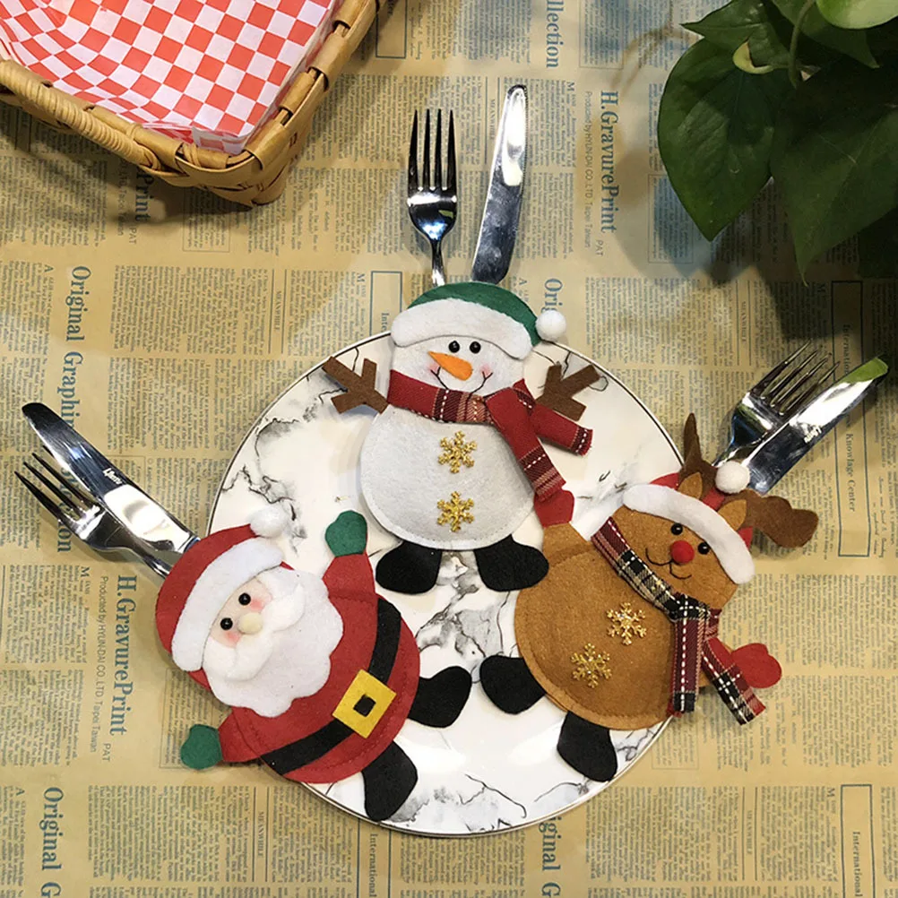 

3pcs Christmas Tableware Bags Santa Claus Snowman Elk Design Cutlery Holders For Forks Cutters Reusable Holiday Dinner