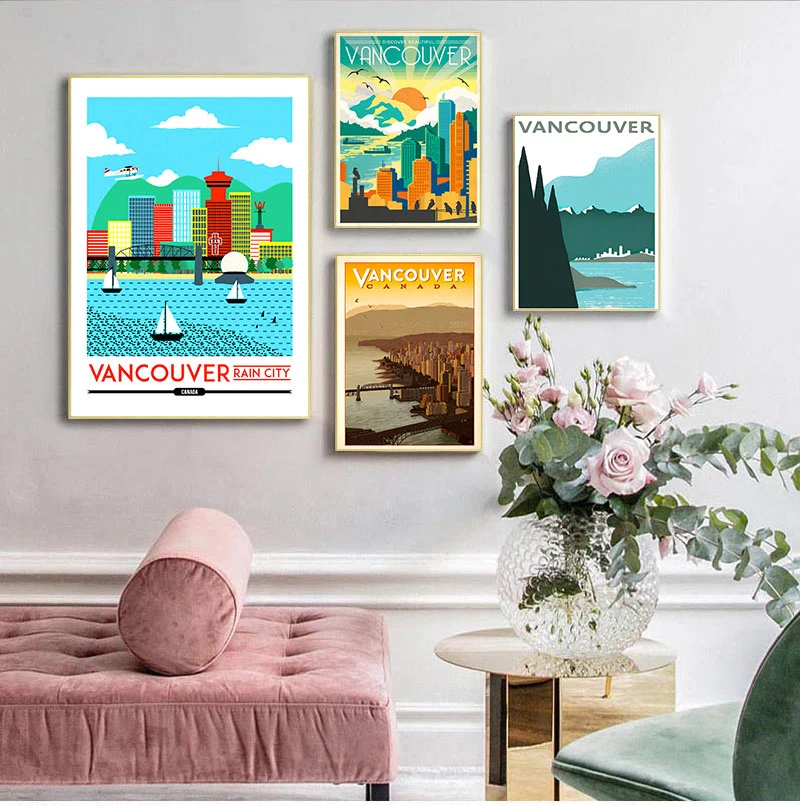 Rain City Canada Vancouver Map Vintage Retro Travel Classic Canvas Paintings Kraft Posters Wall Stickers Home Decor Family Gift