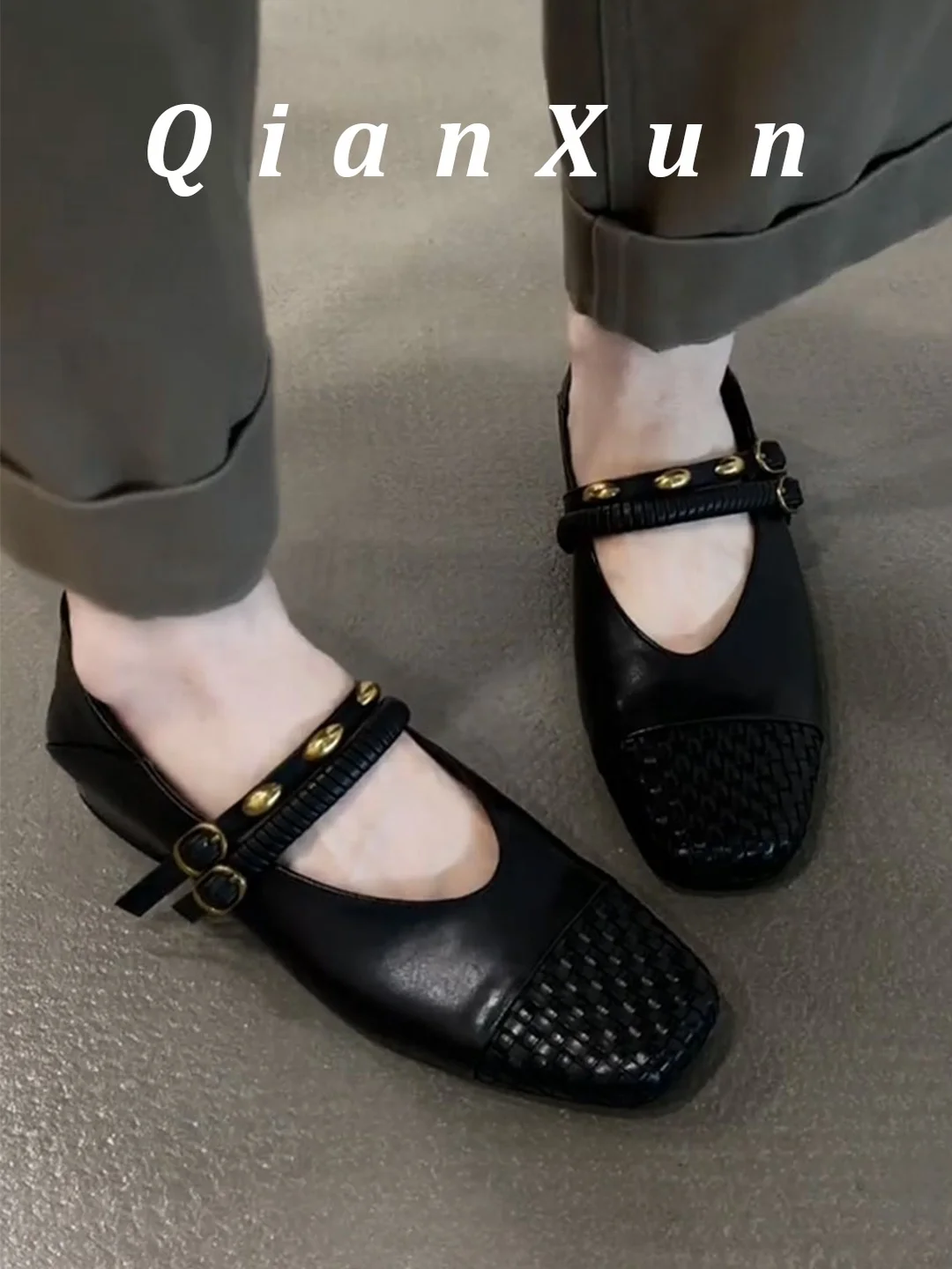 

Leather Version 2026 New Style Woven Mary Jane Flat Bottom Slip-On Women's Shoes Versatile Square Head Design Casual Fashion