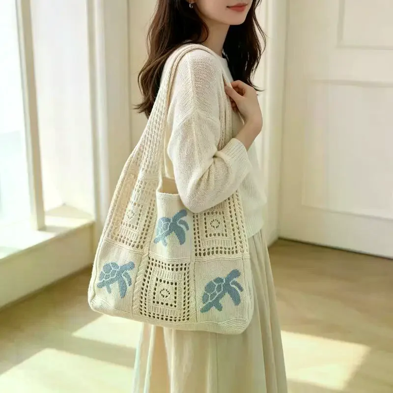 Bohemian Crochet Tote Bag Ocean Pattern Hollow Out Lightweight Casual Handbag for Summer Beach Vacation Daily Use