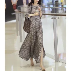 Women 2024 New Spring Senior Luxury Temperament One Line Collar Vintage Forking High Waist 3/4 Sleeve Printing Elegance Dress