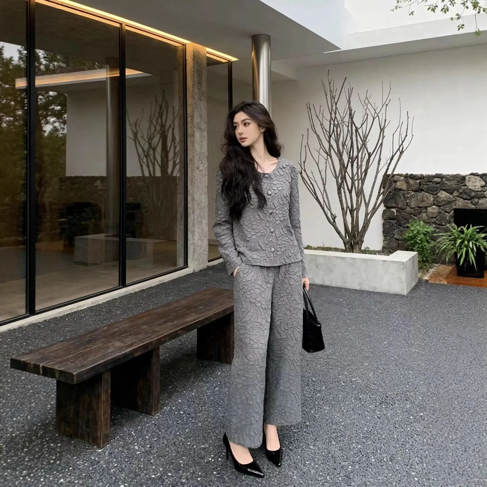 

Минималистичный комплект: кардиган с длинными рукавами и широкие брюки, свободный крой, устойчивые к сминанию, для повседневной носки и офиса, женский комплект для поездок на работу.