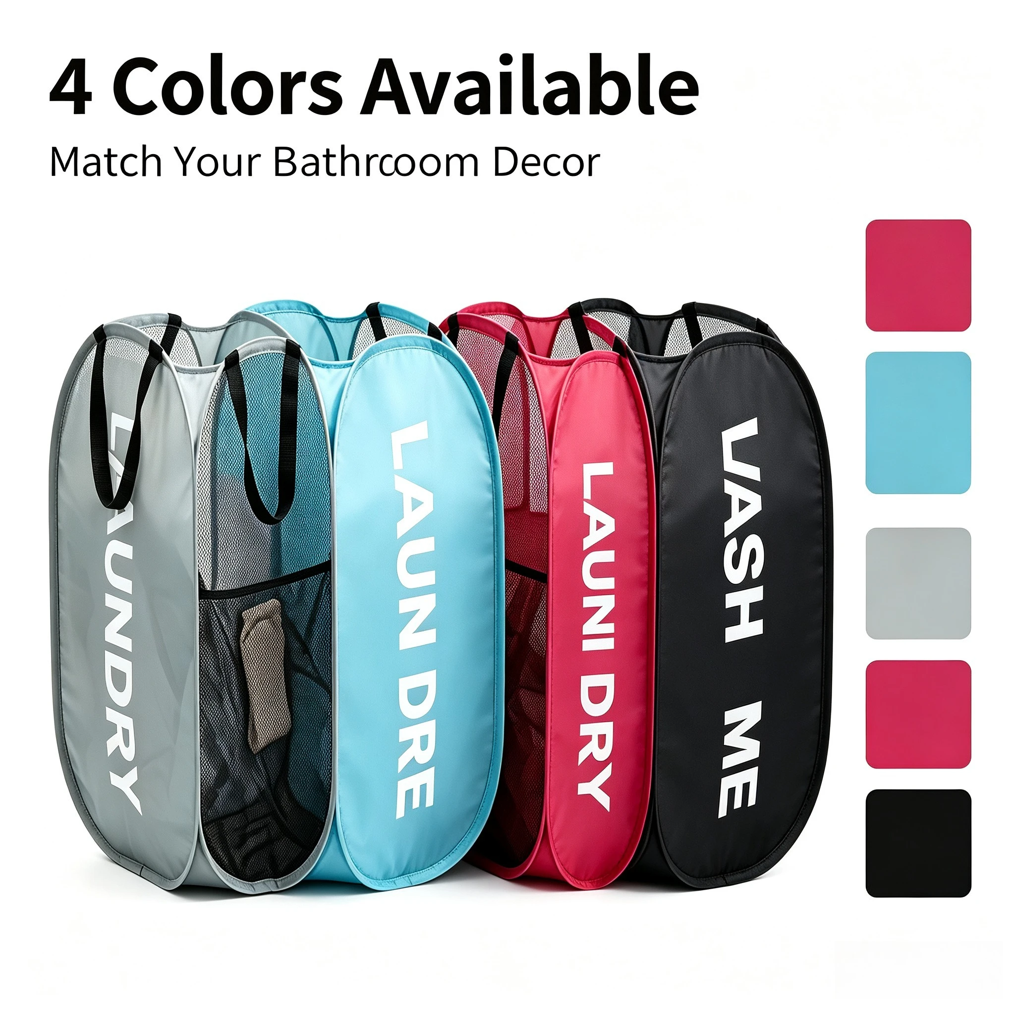 Pop‑Up Mesh Laundry Hamper, Collapsible Space‑Saving Portable Laundry Basket with Side Pocket, Wide Opening Breathable Clothes Storage Hamper for Dormitory, Bedroom, Bathroom, Camping & Travel