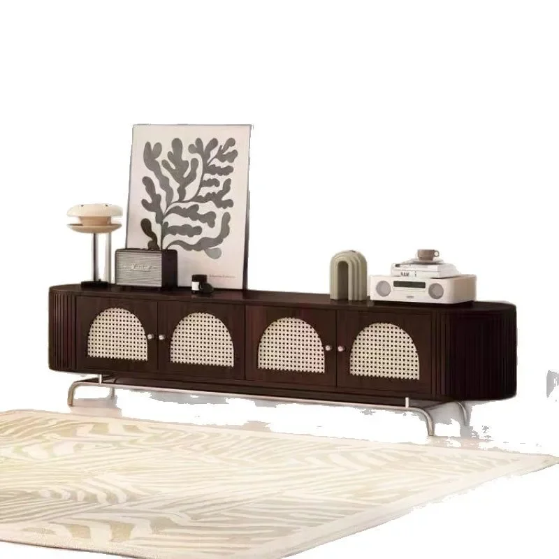 

Solid wood rattan, coffee table TV cabinet, retro small apartment, simple living room