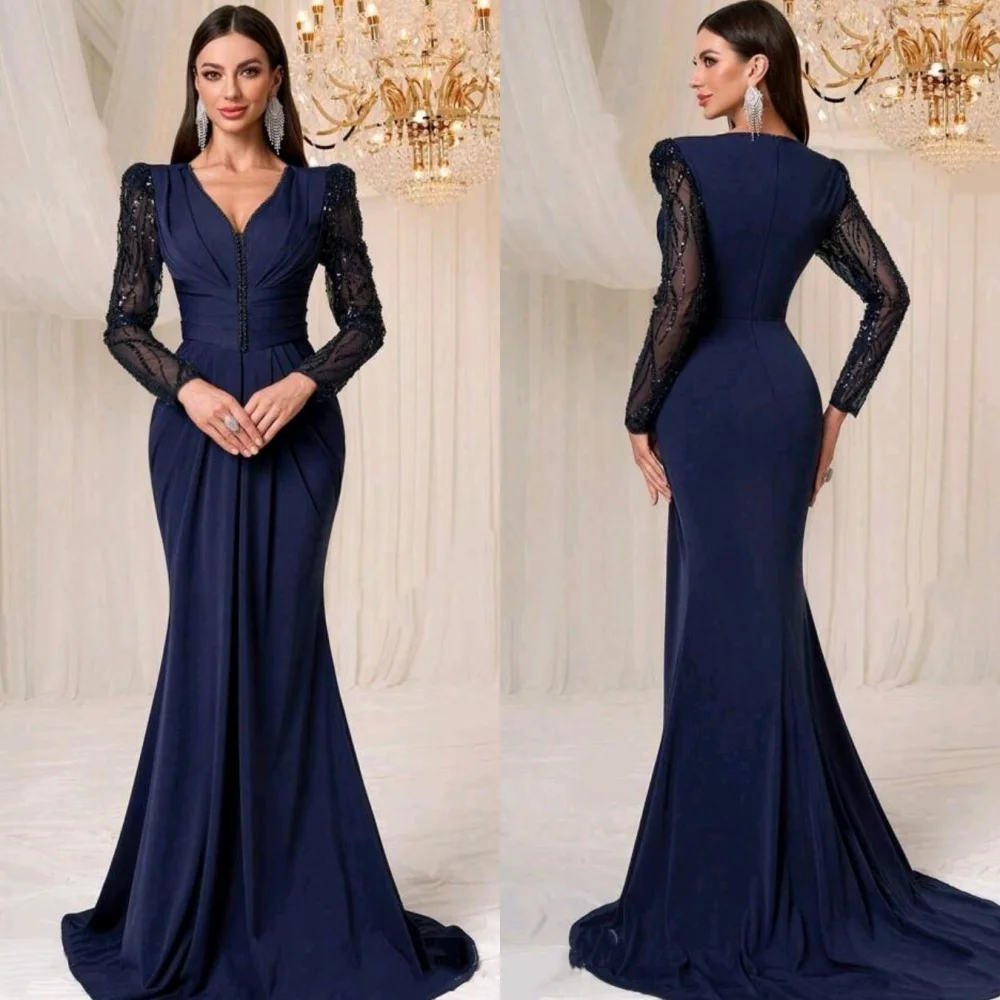 

Customized Chinese Style Jersey Sequined Pleat Trumpet V-neck Long Dresses Bespoke Occasion Sparkle Formal