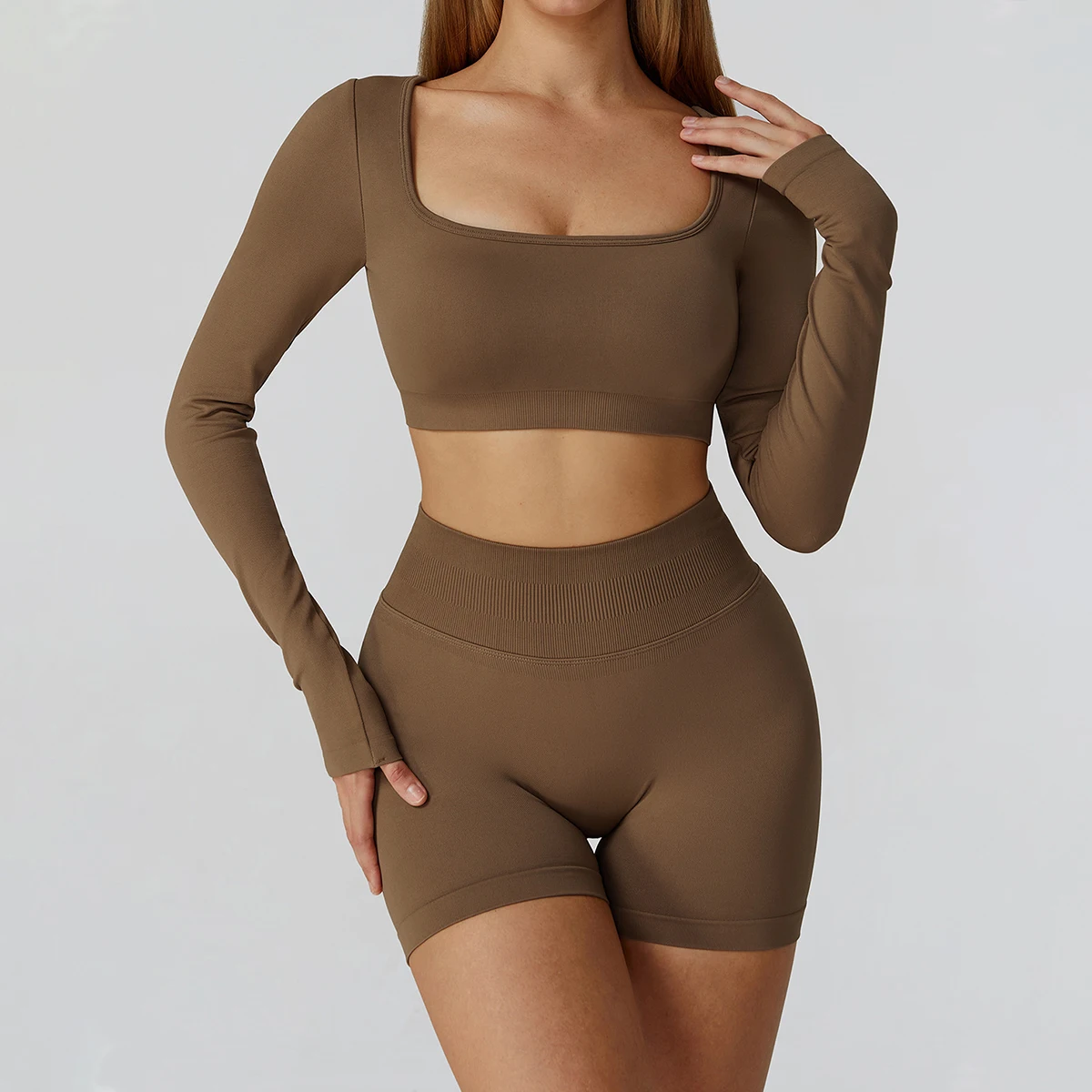 Hearuisavy 스포츠웨어 여성 체육관 원활한 여성 긴 소매 요가 의류 피트니스 스포츠 크롭 탑 통기성 러닝 운동복