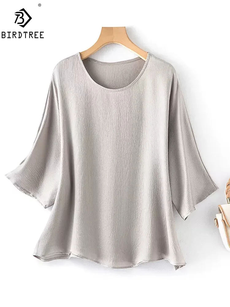 

BirdTree, 100%Real Silk Elegant T-Shirt, Women O Neck Batwing Sleeve Solid, Temperament Retro OL Tops, 2024 Summer New T45366QM