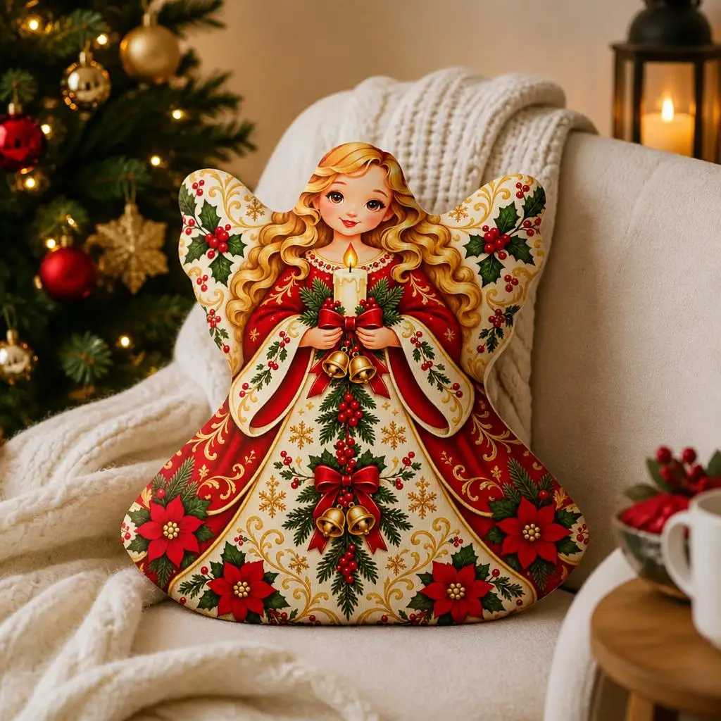 Christmas Angel Shaped Throw Pillow Holiday Candle Cushion Poinsettia Stuffed Decorative Pillow Winter Sofa Home Decor Gift