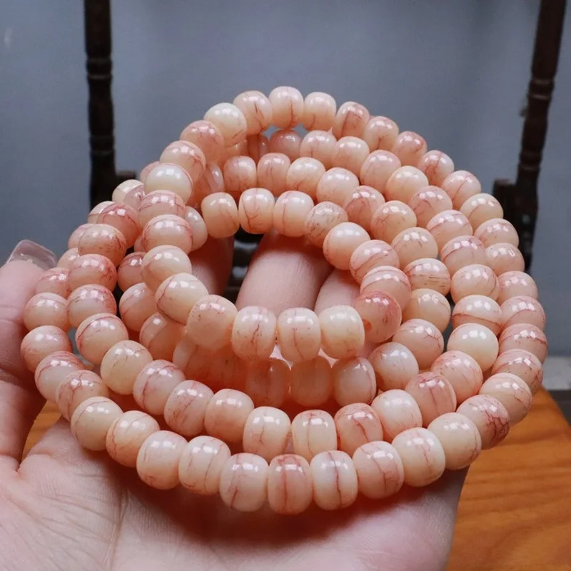 108 Beads Tibetan Buddhist , Pink Cracked Yak Bone Barrel Bead Bracelet and Necklace