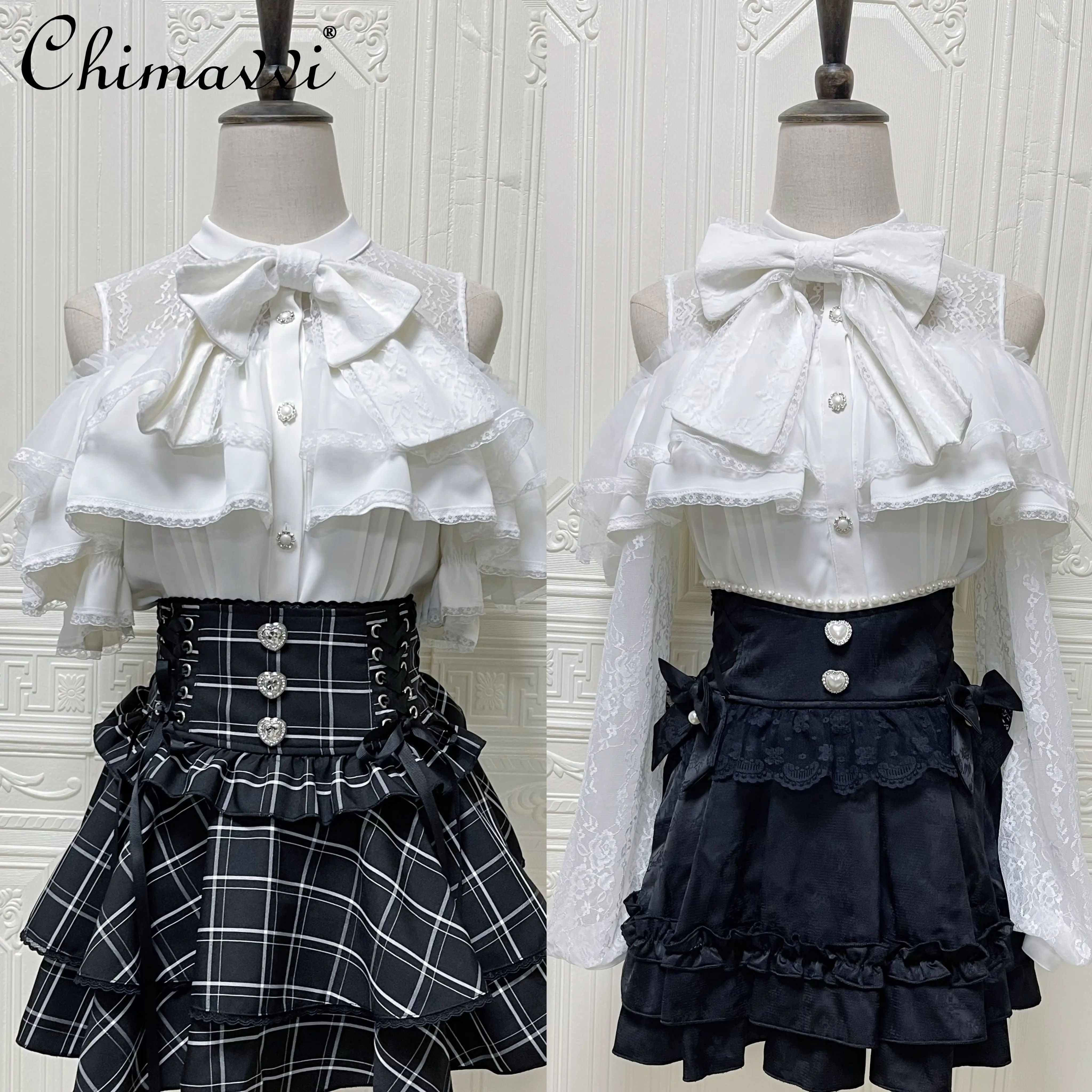 

Original Japanese Sweet Girl Lace Long Short-sleeved Shirt Autumn New Mass-produced Loose Black and White Lolita Shirt Blouse