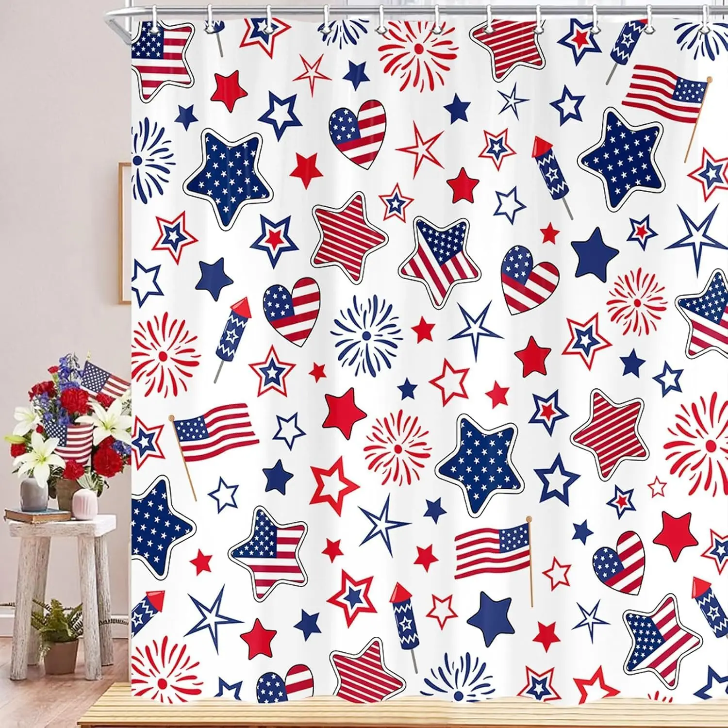 

4th July USA Flag Shower Curtain Veterans Day Patriotic Blue Red Stars Waterproof Fabric for Bathroom Decor with Hooks