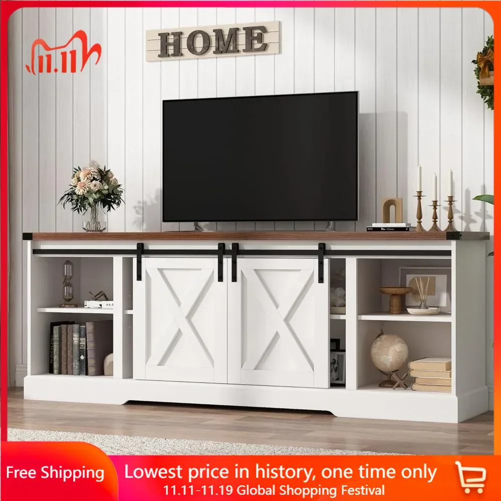 

70 Inch TV Stand for 70/75/80 Inch TVs, Entertainment Center Storage Cabinets with Sliding Barn Doors, Farmhouse TV Stand