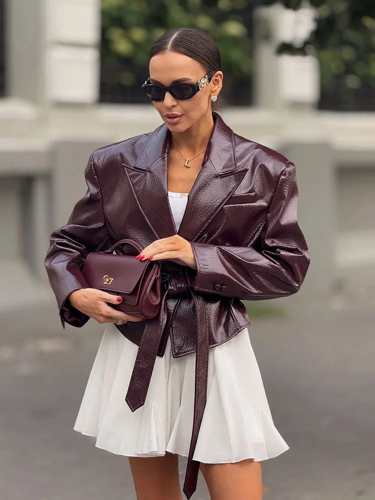 High-end Glossy Leather Jacket For Women 2025 Autumn Cardigan Lace-up Leather Clothing Elegant Long Sleeved Commuting Short Coat