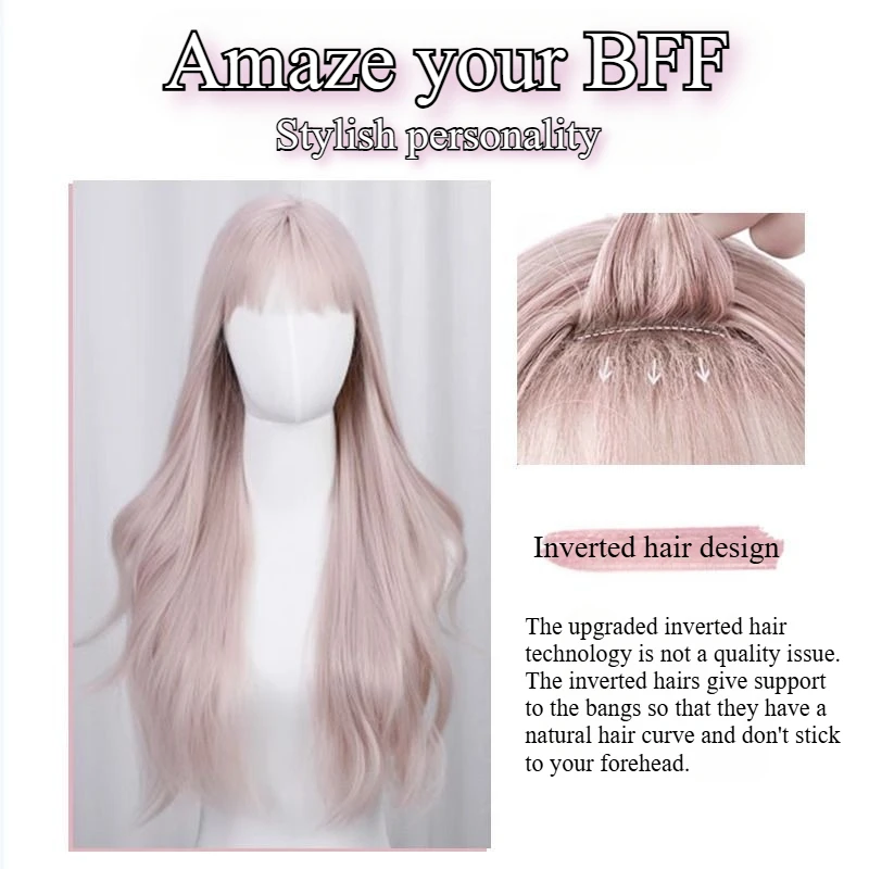 Baby pink wig for women long wavy hair wig 24inch Lolita Synthetic high temperature resistant fibers daily use