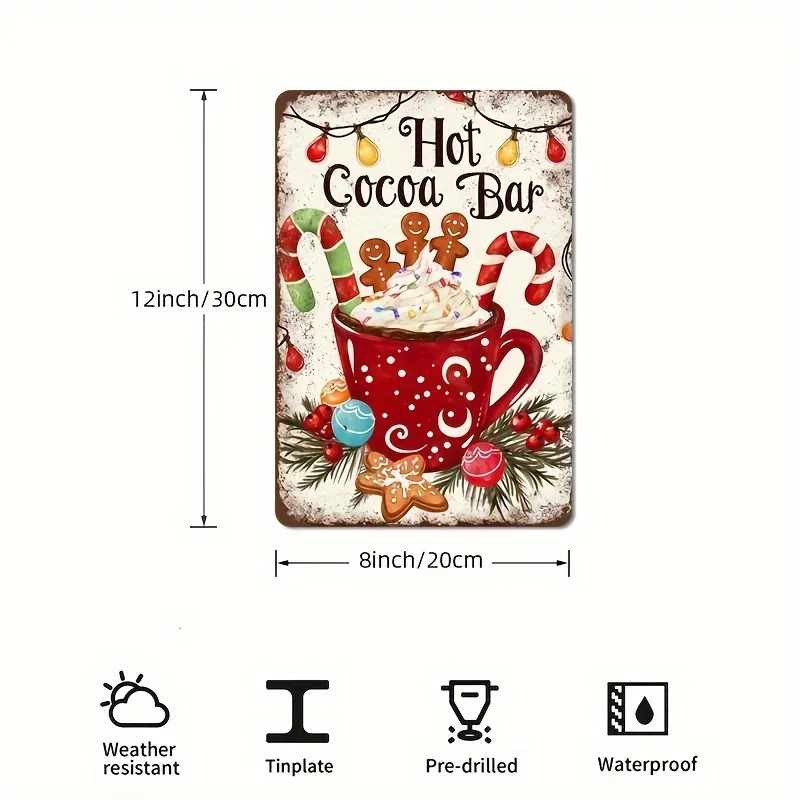 1pc Christmas Hot Cocoa Bar Metal Sign Weather-Resistant Wall Art with Pre-Drilled Holes for Farmhouse, Home, Cafe, Garage Decor