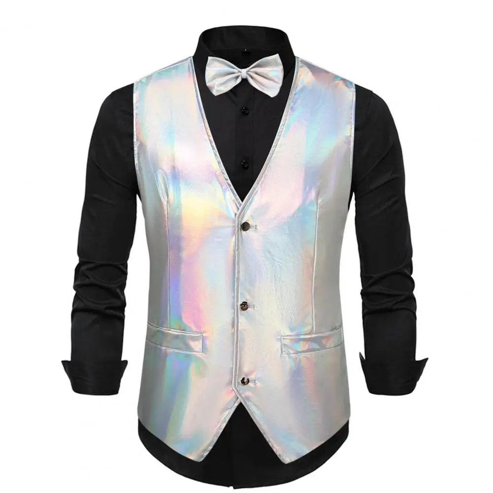 

Men Vest Retro Disco Groom Bow Tie Set with Glossy Surface V Neck Single-breasted Design Wedding Party