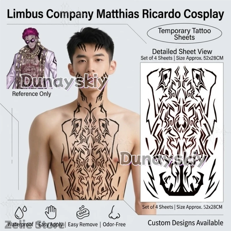 Limbus Company Tattoo Stickers Custom Matthias Ricardo Cosplay Temporary Face And Body Transfer Stickers For Comic Con Game cos view 3