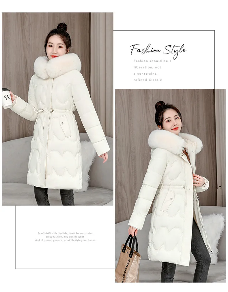 2026 Winter New Fur Collar Puffer Down Parka Loose Long Hooded Warmer Thicken Snow Jacket Pocket Zipper Outerwear Female