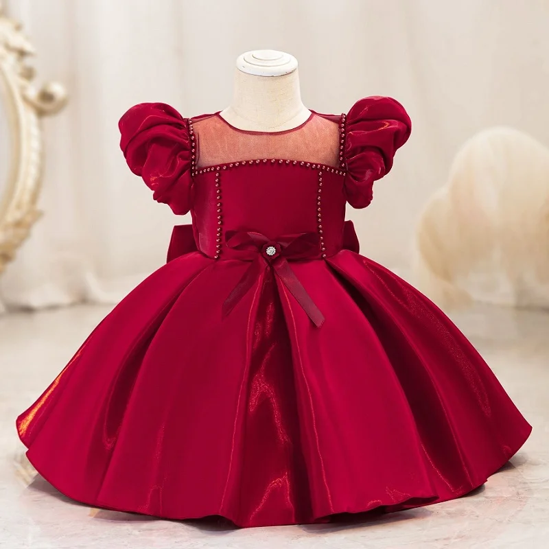 Baby Dress Girl's Big Bow Pearl Princess Dress Fashion Hollow Bubble Sleeve Dress Carnival Birthday Performance Dress