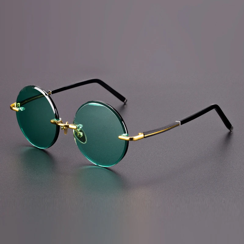 Green Natural Crystal Sunglasses Mineral Lens Round Rimless Glass Sunglasses Man Woman Luxury Brand Vintage Anti Scratch