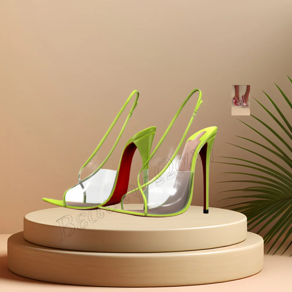 

Green Clear PVC Sandals Cut Heel Buckle Stilettos Pointed Toe High Heel Shoes for Women High Heels 2023 Zapatos Para Mujere