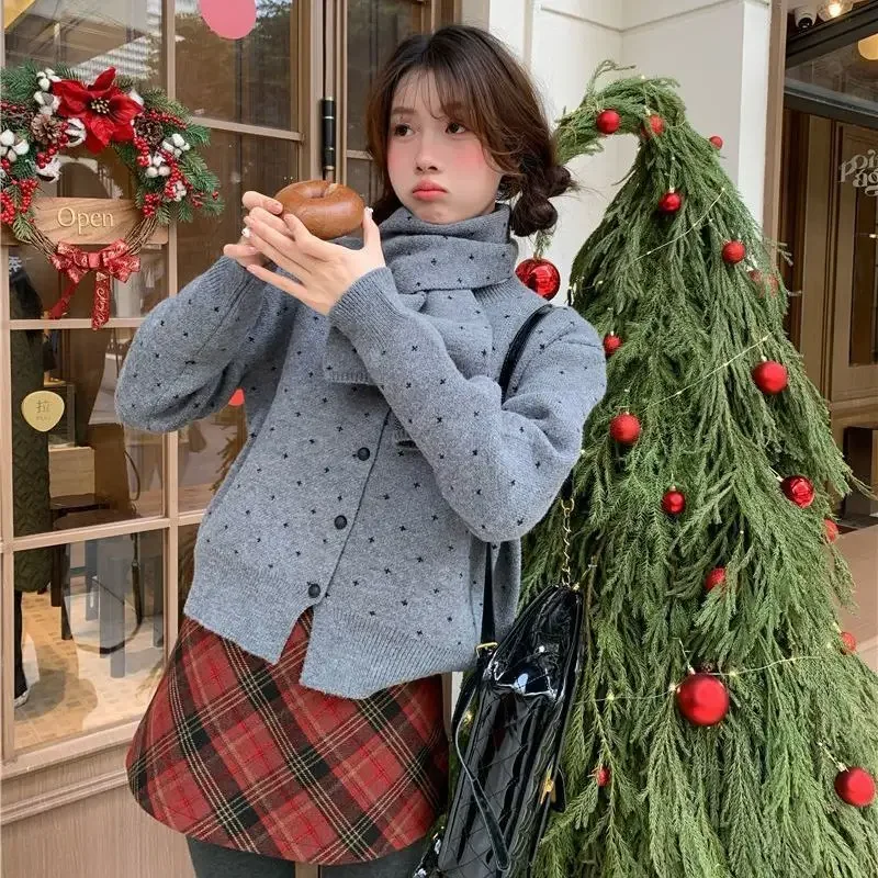 عيد الميلاد نمط نجمة جولة الرقبة محبوك سترة قطعتين مجموعة الرجعية الأمريكية لطيف وشاح سترة معطف للنساء الخريف الشتاء