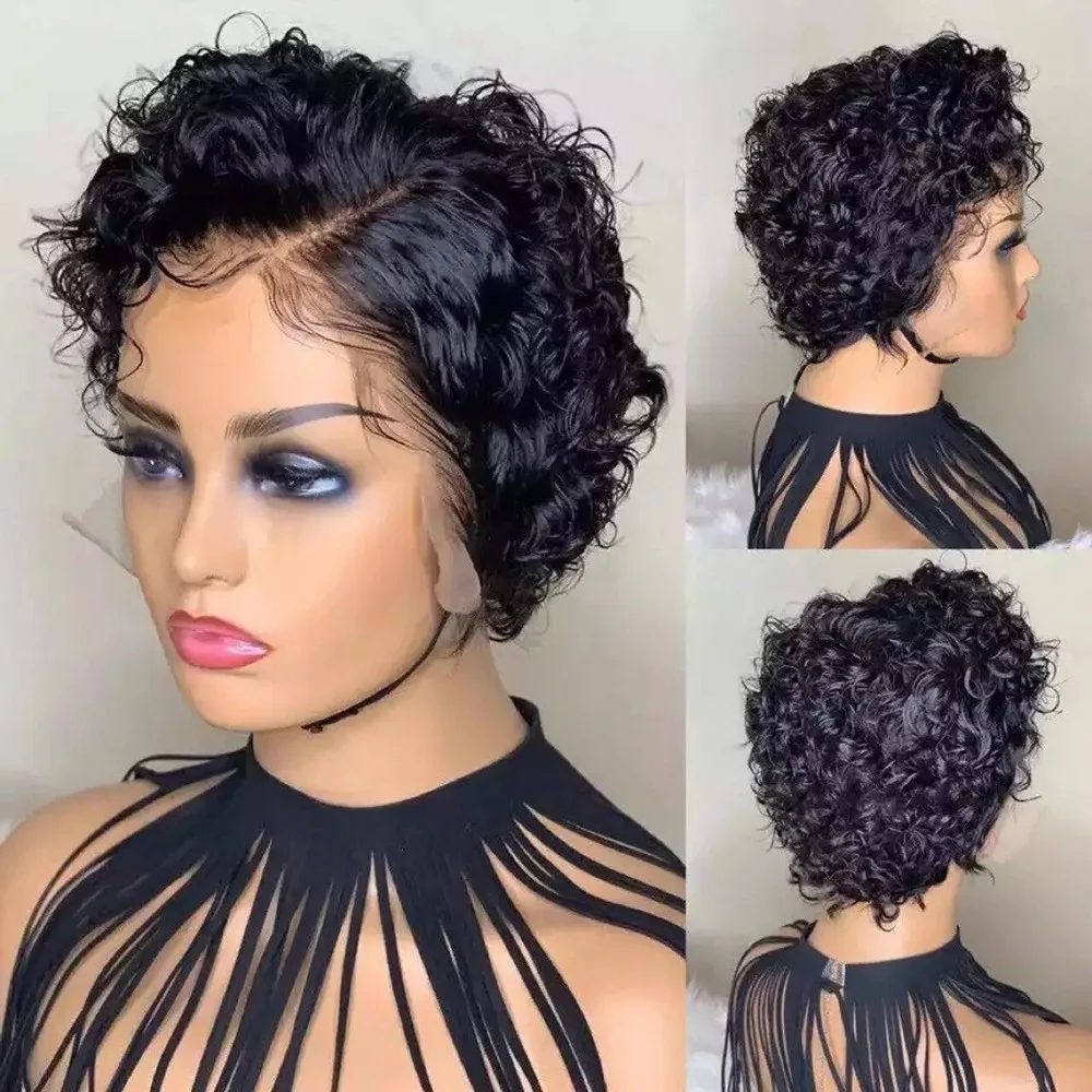 1 conjunto curto onda profunda peruca dianteira do laço perucas encaracoladas cabelo sintético
