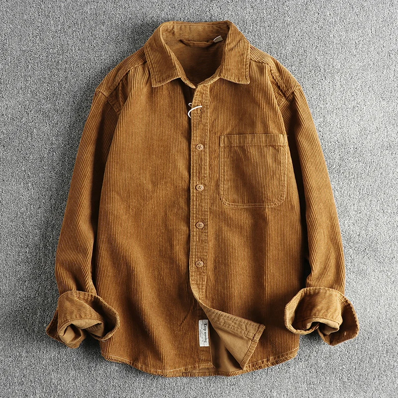 

Cotton Corduroy Wash Long Sleeve Shirt New Men's American Khaki Trend Single Pocket Shirt Coats