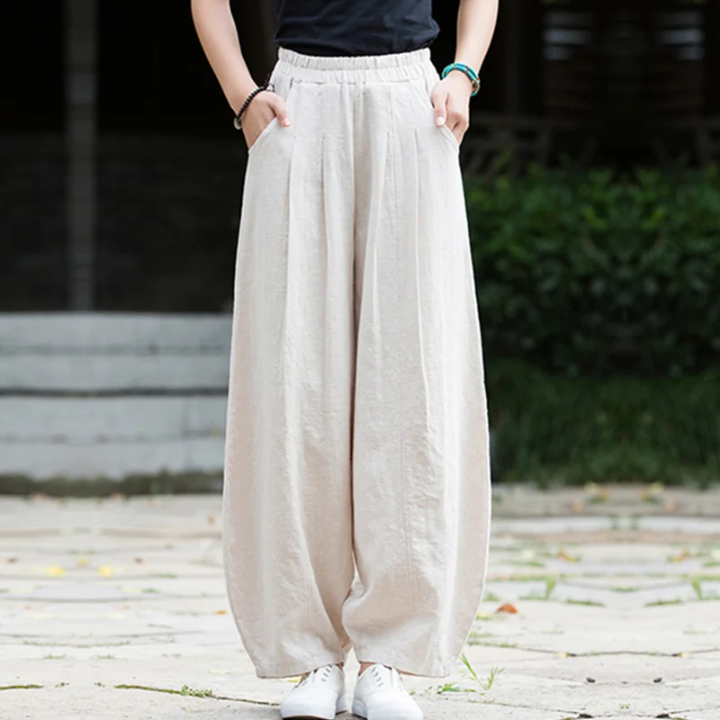 Vintage  Yoga Clothes Cotton  Linen Women High Waist Pants Baggy Loose  Large Oversized Size Women's Cargo Trousers Wide Leg