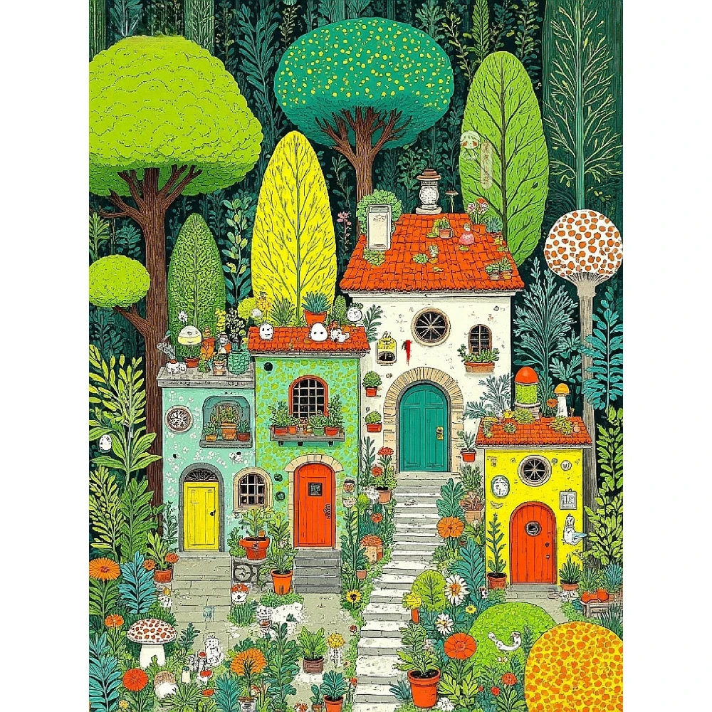 

500/1000/1200/2000 PCS Jigsaw Puzzles Houses Forest with Flowers Scenery Family Activity Games for Gameroom Bedroom Home Decor