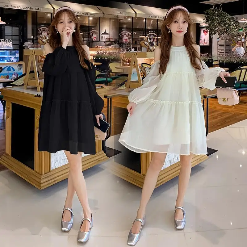 

2024 Spring Maternity Long Sleeved Dress Shoulderless O-Neck Pregnant Woman Mini Dress Sweet Ball Gown Dress Holiday Black Beige