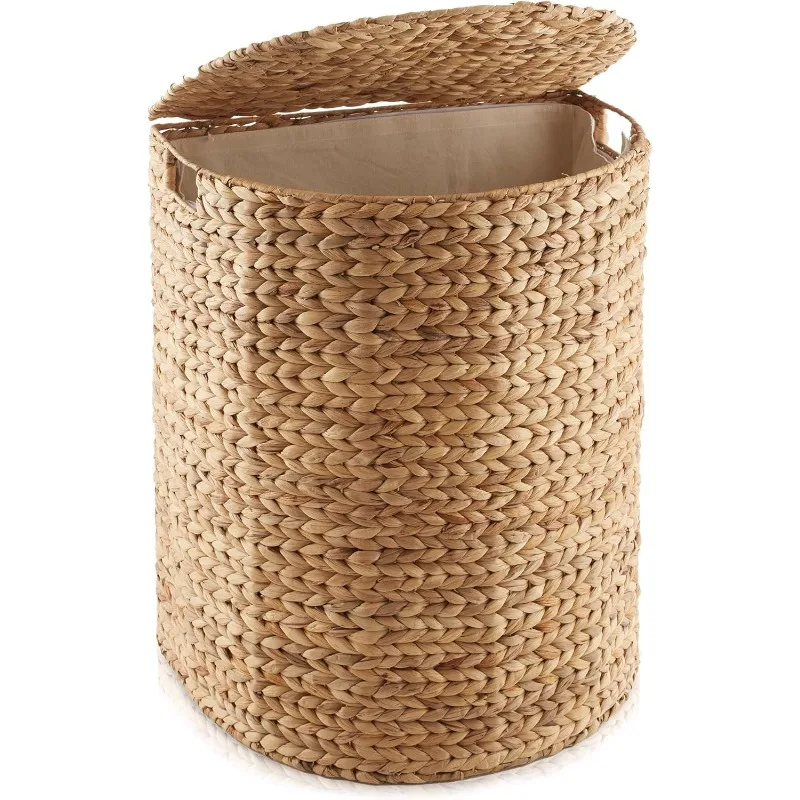 

Casafield Half Moon Laundry Hamper with Lid and Removable Liner Bag - Natural, Woven Water Hyacinth Laundry Basket for Clothes
