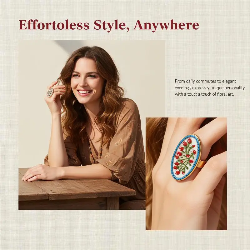 Bohemian Style Enamel Floral Opening Ring Adjustable Vintage Spray Painted Flower Jewelry for Women Work Outfits