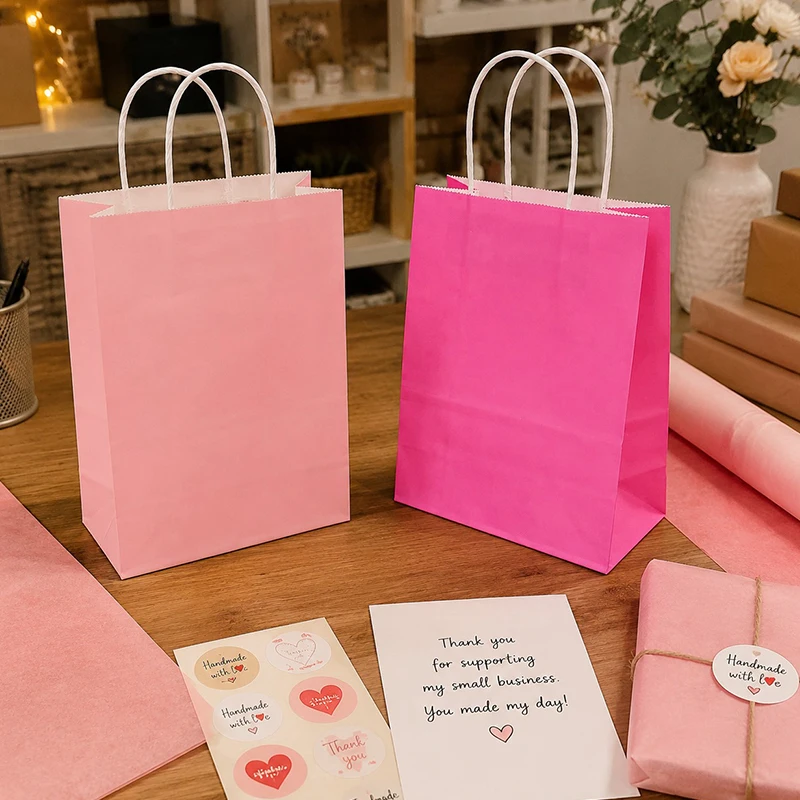 16PCS Pink Rosered Paper Gift Bags with Handles Small Shopping Bags for Wedding Favors Birthday Party Holiday Gift Packaging ZYF