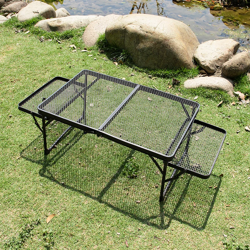 Camping Table, 25cm Height Folding Grill Table with Mesh Desktop, Lightweight & Portable Aluminum Outdoor Table for Camping