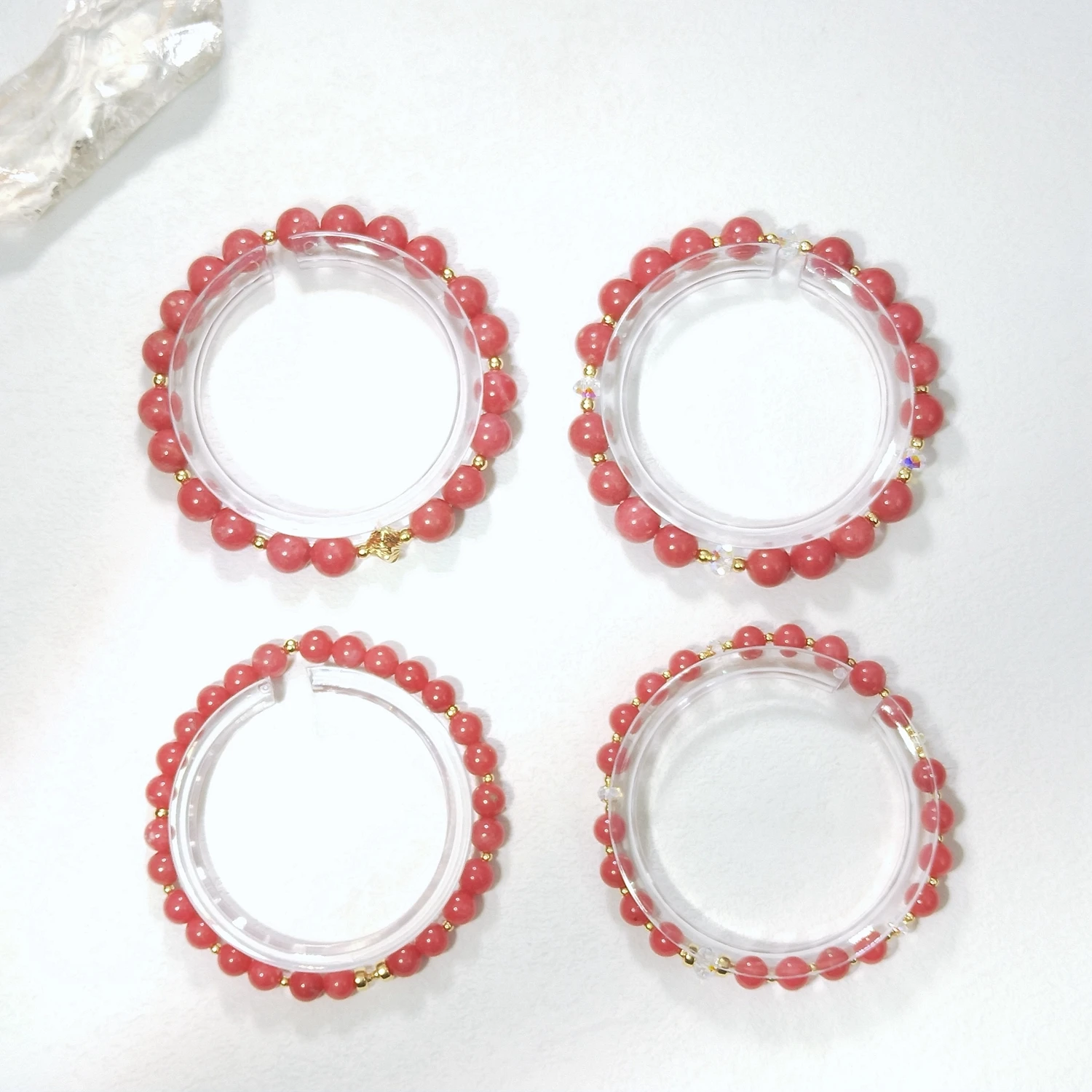 Lii Ji Natural Thulite 6/8mm With Crystal American 14K Gold Filled Elastic Bracelet