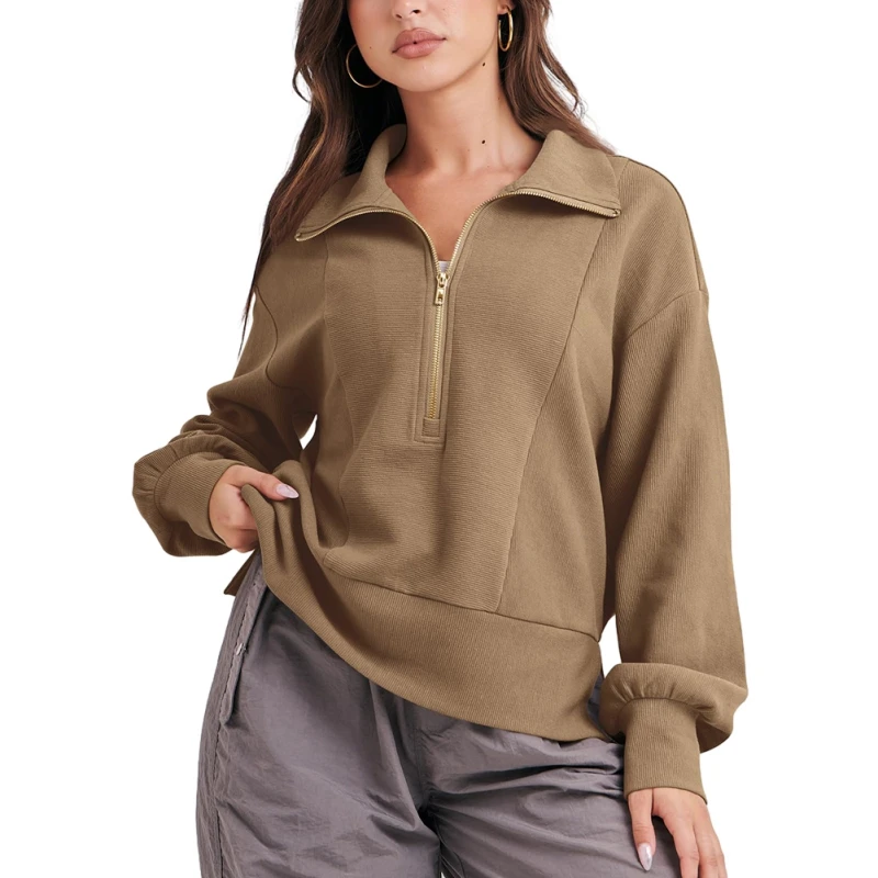 Long Sleeve Sweatshirt for Women, Pullover with Turndown Collar, Half Zip Jacket, Autumn and Winter