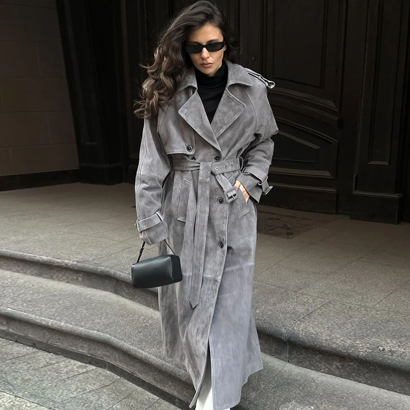 

Осень-зима, новый женский длинный плащ из искусственной замши с поясом, двубортная ветровка с длинными рукавами и лацканами, женские дорожные пальто