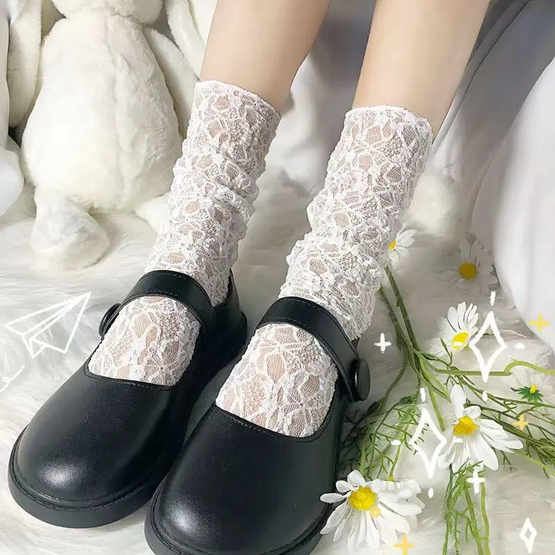 Calcetines de encaje Sexy para mujer, medias de malla largas blancas japonesas, calcetines con patrón de flores de dibujos animados, accesorios para mujeres embarazadas, Lolita, Verano