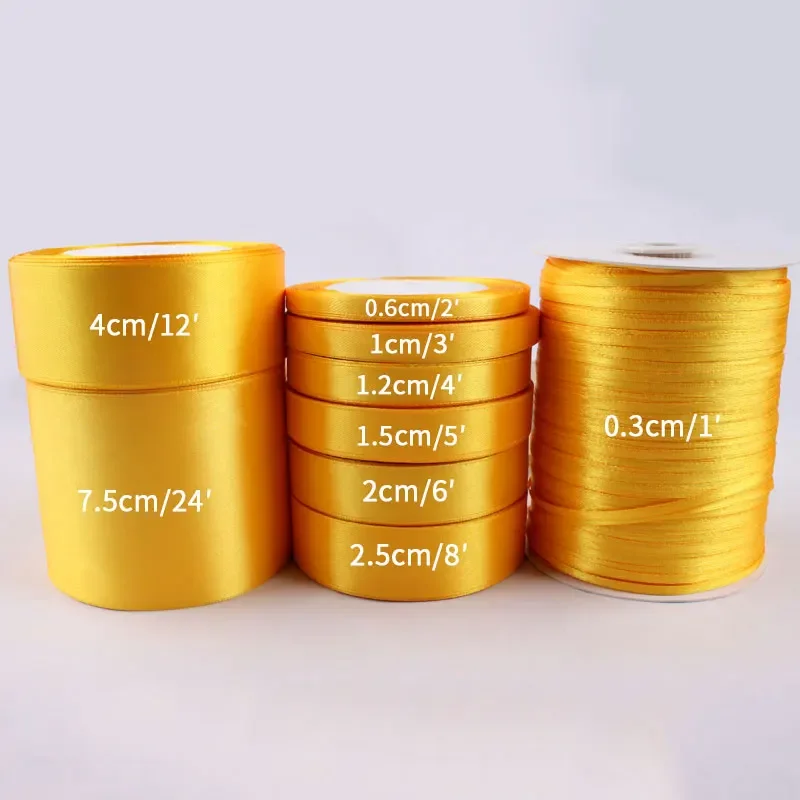 Gold Yellow Satin Ribbon 0.6/1/1.2/1.5/2/2.5/4/5cm Handmade DIY Bow Crafts Packing Christmas Halloween Decoration Ribbon