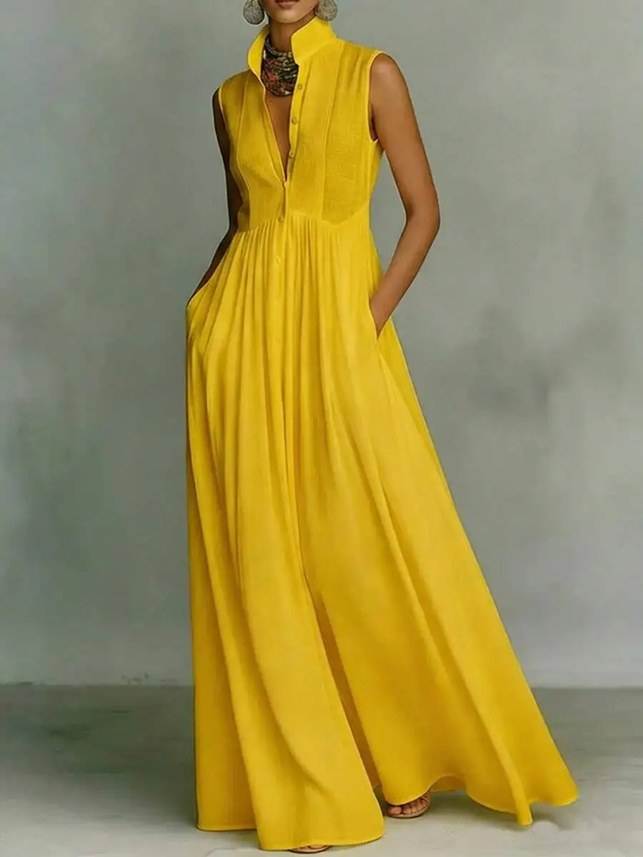 

Yellow Sleeveless High Neck Maxi Dress With Buttons Pleated Waist For Vacation Wedding Guest