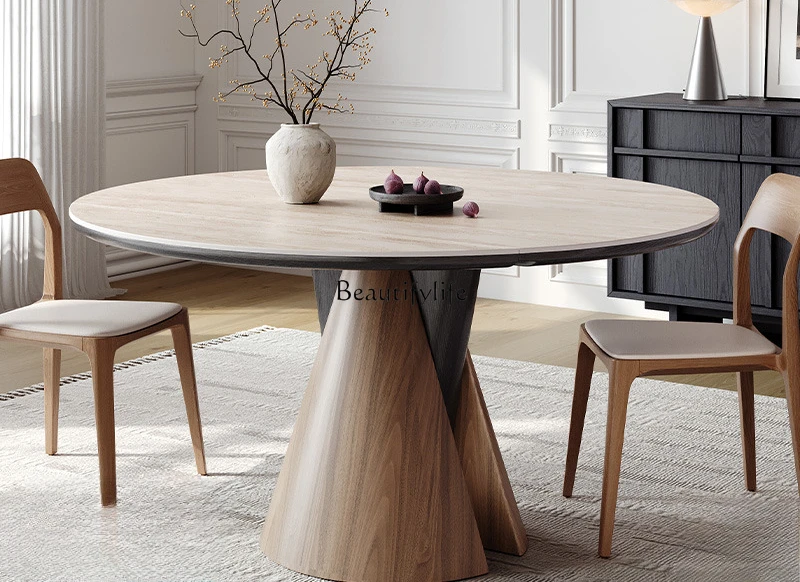 

Retractable round dining table simple modern solid wood small apartment household French cream wind variable round table